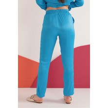 Marka Seli Saten Kumaş Beli Lastikli Kadın Pantolon-Mavi