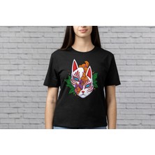 Önü Kedi Baskılı %100 Pamuk Kaliteli Siyah Kadın T-Shirt