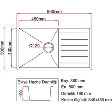 Granite Rising Granit Eviye - Mega Geniş Hazne - Siyah Renk-86x50 cm - Tek Göz Damlalikli Mutfak Eviyesi