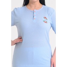 Pınkmark Kadın Mavi Kısa Kol Nakışlı Büyük Beden Pijama Takımı PMTK25602