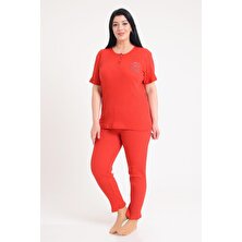 Pınkmark Kadın Kırmızı Kısa Kol Nakışlı Büyük Beden Pijama Takımı PMTK25601