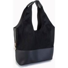 Nas Bag Büyük Boy Salaş Kadın Omuz Çantası Siyah Süet