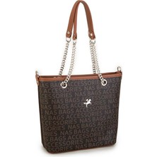 Nas Bag Kadın Omuz Çantası Kahve Taba Yazılı