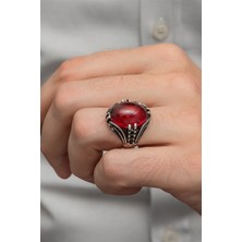 Yüzük Sanatı Kırmızı Lal Taşlı Oval 925 Gümüş Erkek Yüzük