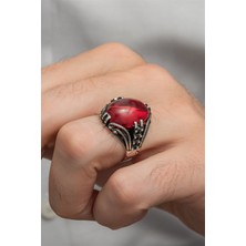 Yüzük Sanatı Kırmızı Lal Taşlı Oval 925 Gümüş Erkek Yüzük