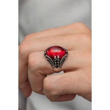 Yüzük Sanatı Kırmızı Lal Taşlı Oval 925 Gümüş Erkek Yüzük