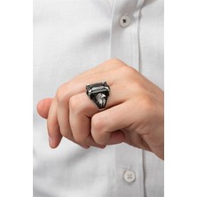 Yüzük Sanatı Dikdörtgen Kartal Motifli Siyah Taşlı 925 Gümüş Erkek Yüzük