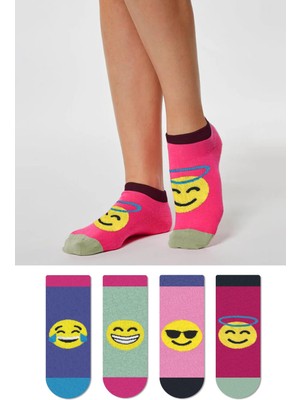 Çirkin Çoraplar Renkli Emoji Desenli Dört Mevsim Unisex 4'lü Patik Çorap Seti