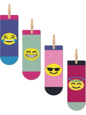 Çirkin Çoraplar Renkli Emoji Desenli Dört Mevsim Unisex 4'lü Patik Çorap Seti