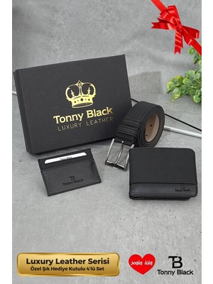 Tonny Black Orijinal Erkek Özel Hediye Kutulu 3'lü Set Luxury Serisi Hediyelik Aksesuar Kutusu Çeyiz Düğün Baba İçin Damat Takımı Şık Klasik Deri Kemer Cüzdan ve Kartlık Seti