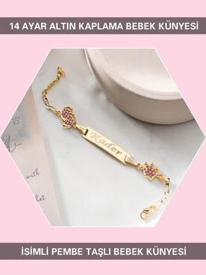 Sahi Aksesuar 14 Ayar Altın Kaplama Isimli Pembe Taşlı Bebek Künyesi BEZYI416