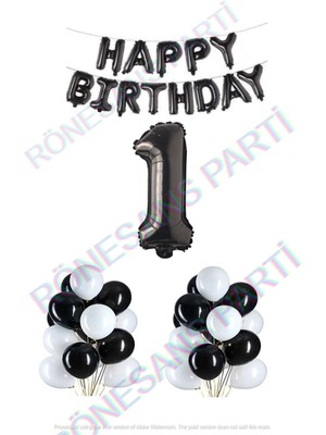 Rönesans Parti Happy Bırthday Siyah Renk Folyo Balon Latex Balon  ve Folyo Rakam Seti Yaş 1