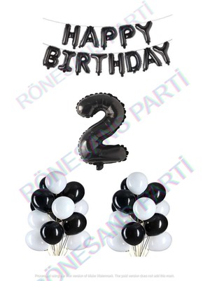 Rönesans Parti Happy Bırthday Siyah Renk Folyo Balon Latex Balon  ve Folyo Rakam Seti Yaş 2
