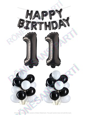 Rönesans Parti Happy Bırthday Siyah Renk Folyo Balon Latex Balon  ve Folyo Rakam Seti Yaş 11