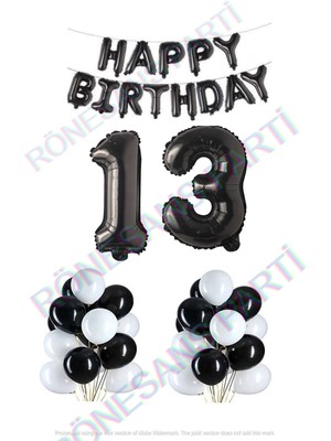 Rönesans Parti Happy Bırthday Siyah Renk Folyo Balon Latex Balon  ve Folyo Rakam Seti Yaş 13