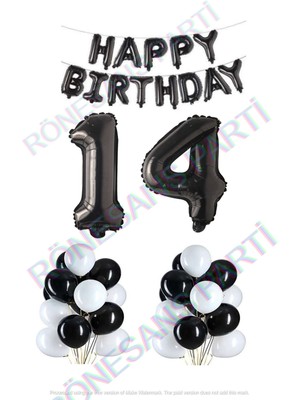 Rönesans Parti Happy Bırthday Siyah Renk Folyo Balon Latex Balon  ve Folyo Rakam Seti Yaş 14