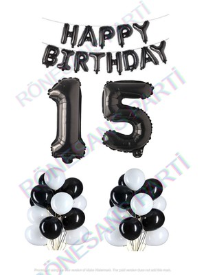 Rönesans Parti Happy Bırthday Siyah Renk Folyo Balon Latex Balon  ve Folyo Rakam Seti Yaş 15