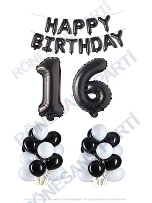 Rönesans Parti Happy Bırthday Siyah Renk Folyo Balon Latex Balon  ve Folyo Rakam Seti Yaş 16