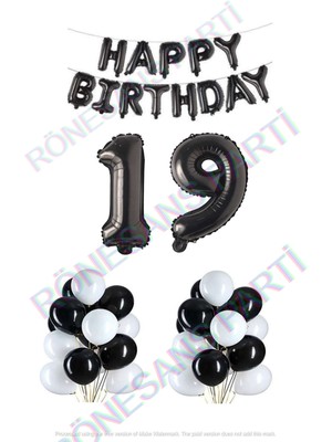 Rönesans Parti Happy Bırthday Siyah Renk Folyo Balon Latex Balon  ve Folyo Rakam Seti Yaş 19