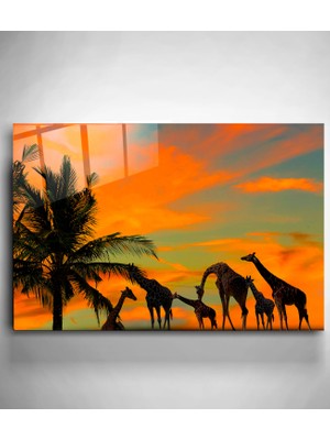Hinora Gün Batımı ve Zürafalar Cam Tablo, Dekoratif Cam Baskı