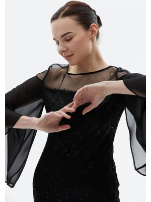 Selen Giyim Kolu Şifon Dökümlü Üstü Tül Payetli Elbise