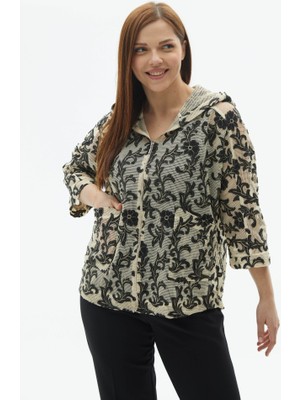 Büyük Beden Kendinden Jakarlı Kapüşonlu Hırka