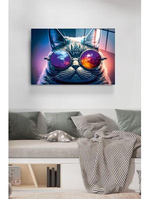 Hinora Gözlüklü Kedi Cam Tablo, Dekoratif Cam Tablo