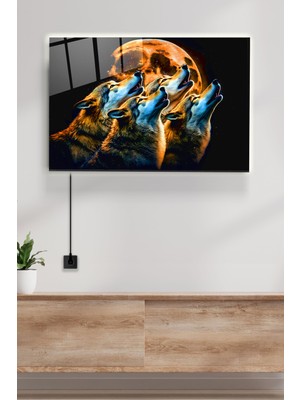 Hinora LED Aydınlatmalı Dolunay ve Kurtlar Cam Tablo, Işıklı Cam Tablo