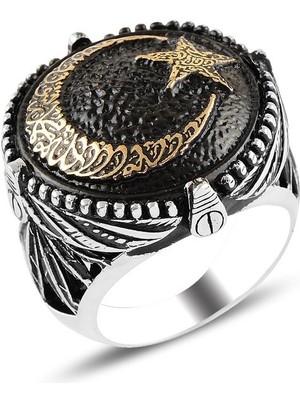 Takılingo 925 Ayar Gümüş Eskitme Ayyıldız Işlemeli Erkek Yüzük