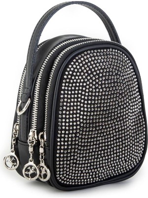 Nas Bag Mini Kadın Çapraz Çanta Siyah Gümüş Taşlı