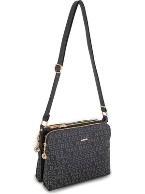 Nas Bag Kadın Çapraz Çanta Siyah Yazılı