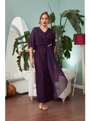 Rmg Şifon Garnili Dantelli Büyük Beden Uzun Mürdüm Elbise