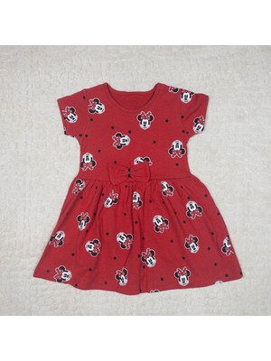 Minnie Mouse Desenli Fiyonk Detaylı Kısa Kol Elbise