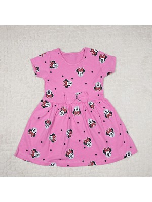 Minnie Mouse Desenli Fiyonk Detaylı Kısa Kol Elbise