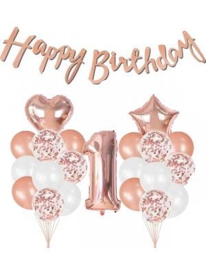 Kidspartim 1 Yaş Rose Gold Happy Bırthday Balon Seti