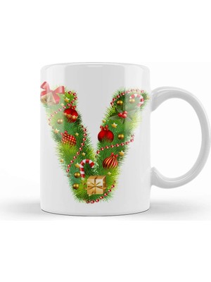 Baskı Dükkanı Yeni Yıl Yılbaşı Özel V Harfli Kupa Bardak Porselen