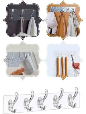 Lovyco 5'Li 29*7 Şeffaf Güçlü Kendinden Yapışkanlı Kapı Duvar Askısı Ağır Yük Taşıma