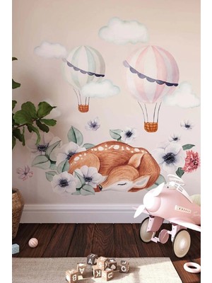 Kt Grup Uyuyan Geyik Boho Yapraklar Çiçekler ve Balonlar Çocuk Odası Duvar Sticker Seti
