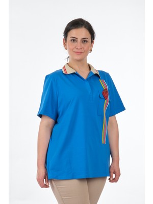 Vedi-Bb Polo Yaka Büyük Beden Saks Kadın T-Shirt 2311093