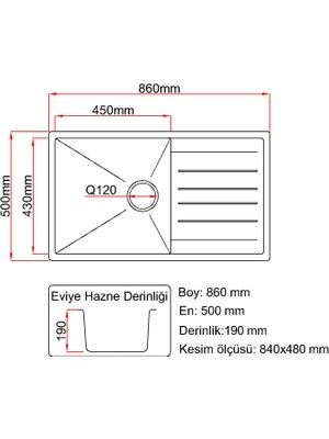 Granite Rising Granit Eviye - Mega Geniş Hazne - Siyah Renk-86x50 cm - Tek Göz Damlalikli Mutfak Eviyesi