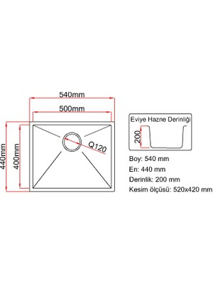 Granit Eviye-Siyah RENK-54X44  Tek Gözlü Mutfak Eviyesi