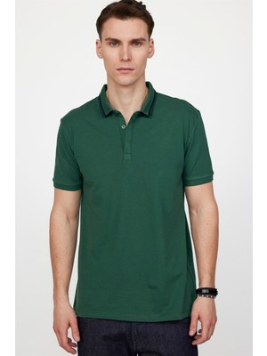 Tudors Erkek Spor Polo Yaka Slim Fit Pamuk Gizli Düğme Yeşil Tişört