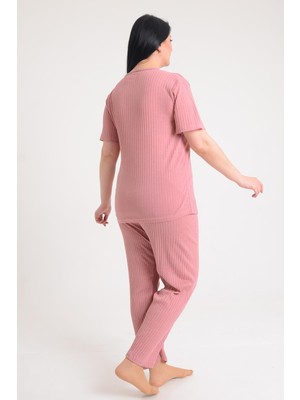 Pınkmark Kadın Somon Kısa Kol Nakışlı Büyük Beden Pijama Takımı PMTK25604