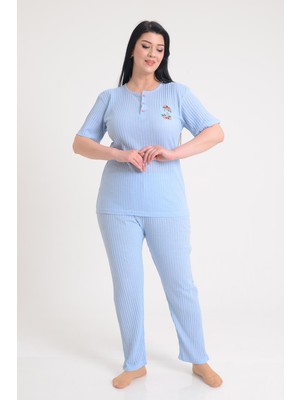 Pınkmark Kadın Mavi Kısa Kol Nakışlı Büyük Beden Pijama Takımı PMTK25602