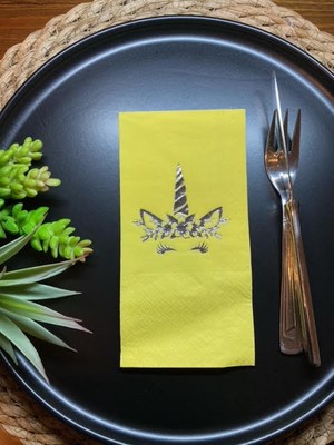 Kidspartim Gümüş Yaldızlı Sarı Unicorn Garson Katlama Peçete 16 Lı