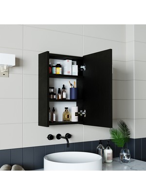 Roomart Banos Banyo Roomart Kulpsuz Tek Kapaklı Ahşap Siyah 40 cm Aynalı Banyo Üst Dolabı