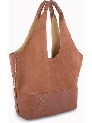 Nas Bag Büyük Boy Salaş  Kadın Omuz Çantası Taba Süet