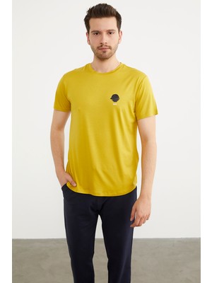 Sementa Baskılı Sıfır Yaka Penye Tişört - Hardal