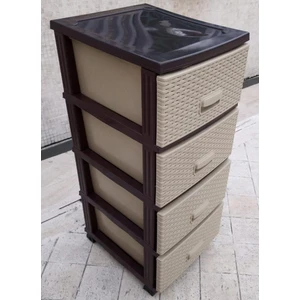 Büyük Boy 4 Çekmece Komidin Bej-Krem Raddan Görünümlü Çekmeceli Hasır Dolap Erzak Çamaşır Rafları