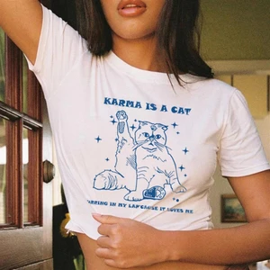 Touz Moda Karma Is A Cat Baskılı Beyaz Crop